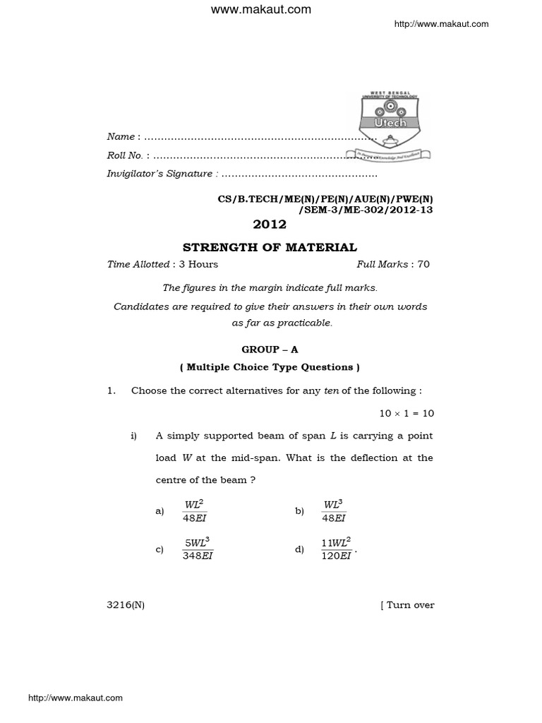 Strength of Materials Exam Paper 2012 | PDF | Stress (Mechanics) | Bending