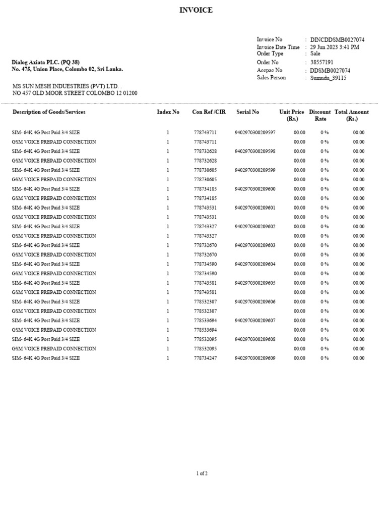 Dialog Axiata Invoice Summary | PDF | Mobile Phones | Telephony Equipment