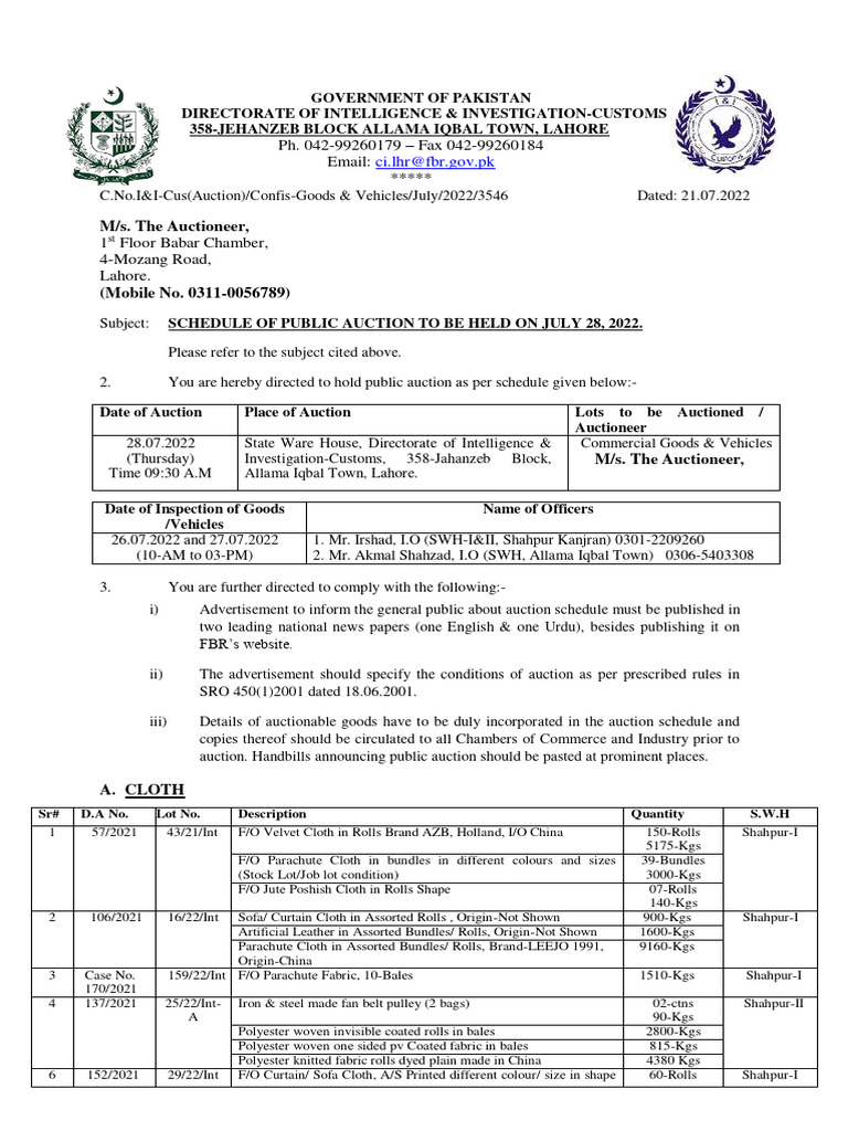 2022725107170793AuctionDirectorateI&I-CustomsLahore28 07