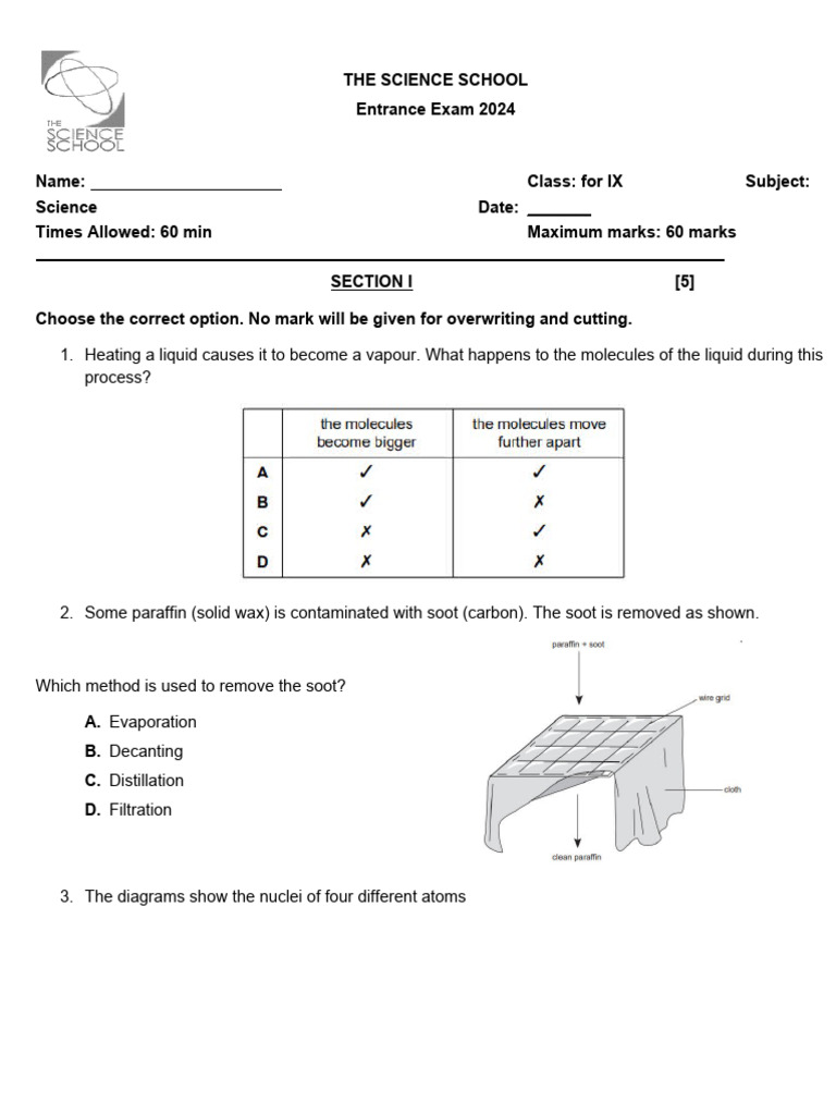 Entrance Test 1 Grade 9 2024 Erum | PDF | Force | Pressure