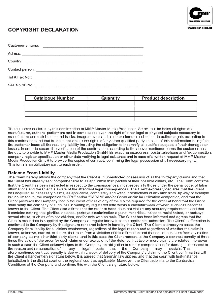 Copyright Declaration Form for Clients | PDF | Legal Liability | Damages