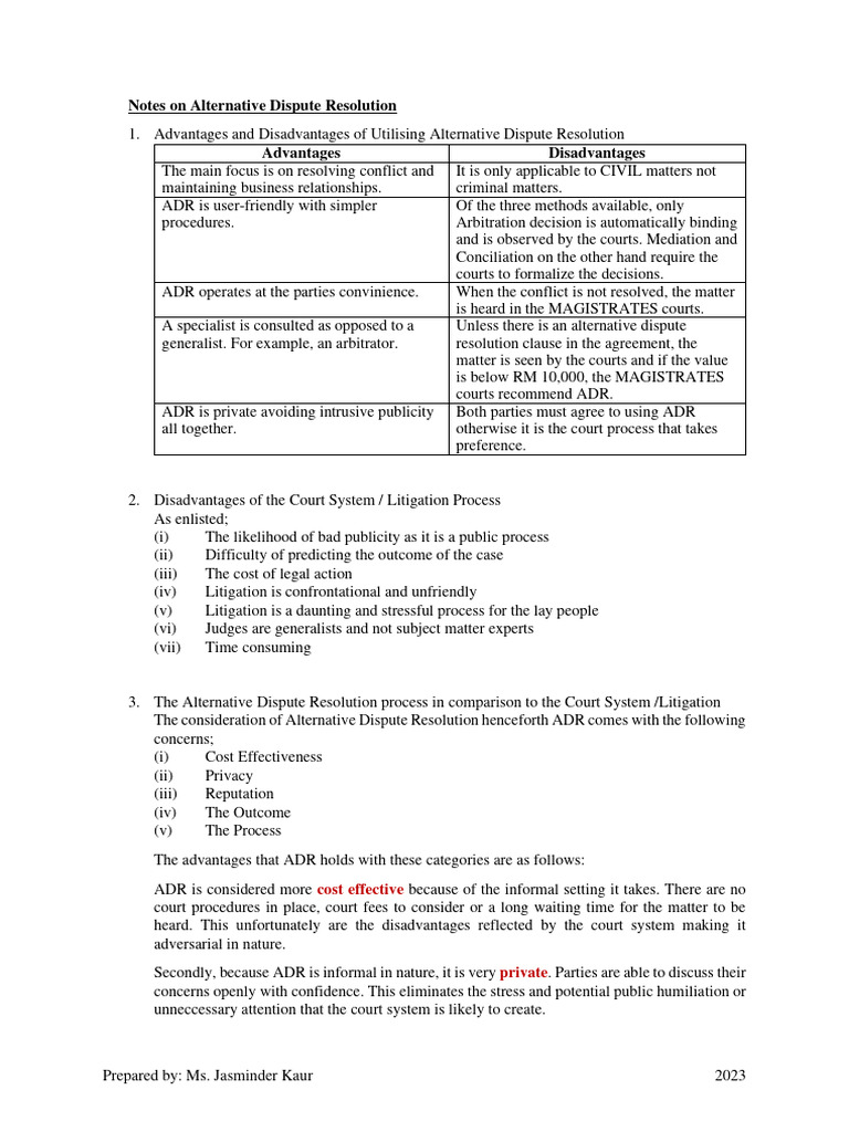 6 Notes On Alternative Dispute Resolution Pdf Alternative Dispute