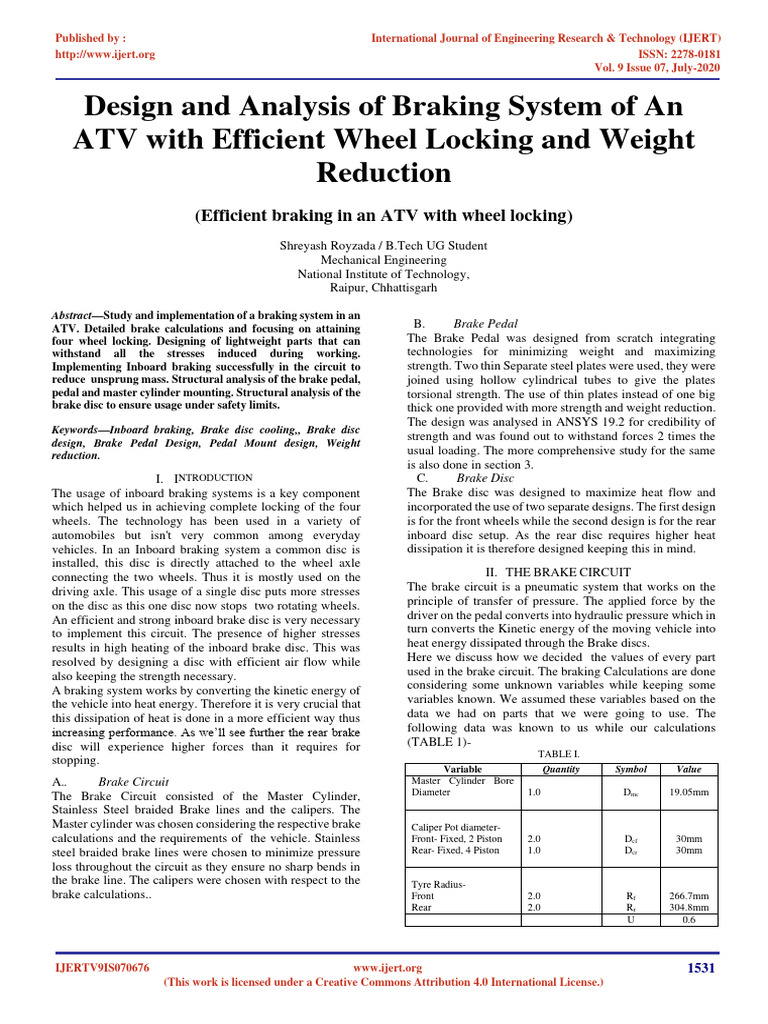 Design and Analysis of Braking System of An Atv With Efficient Wheel ...