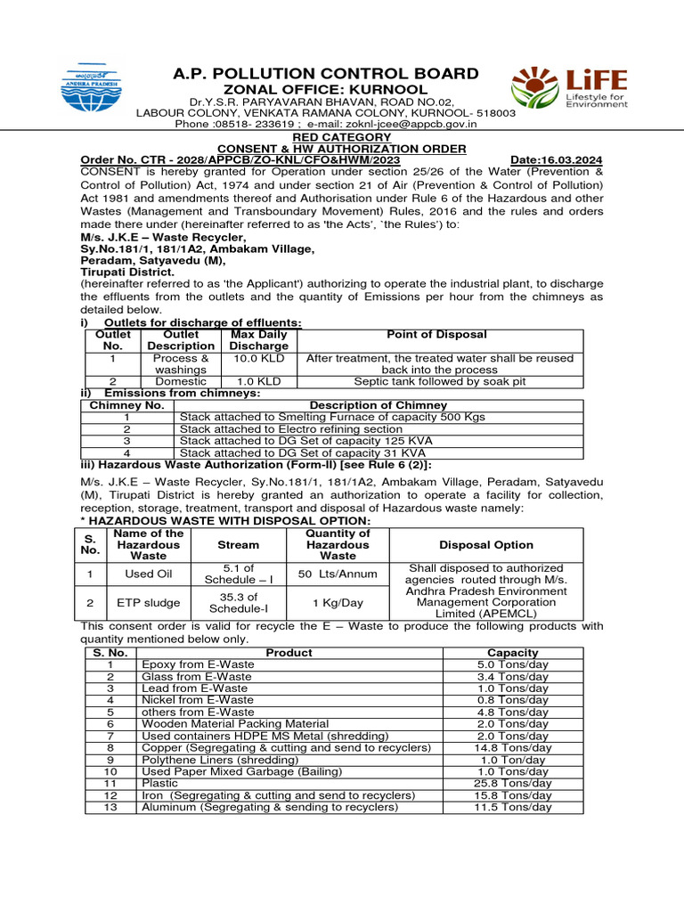 APPCB Consent Order for J.K.E Waste Recycler | PDF | Waste | Electronic ...