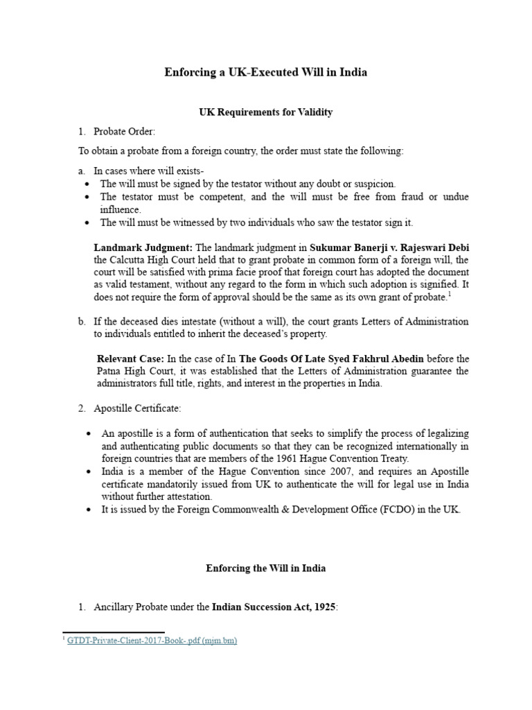 Enforcing A UK-Executed Will in India | PDF | Probate | Will And Testament