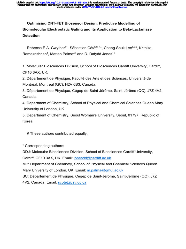 Optimising CNT FET Biosensor Design Predictive Mod PDF Carbon