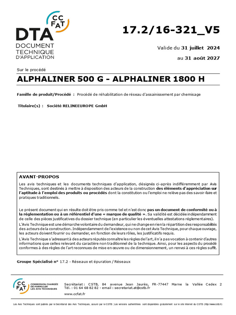 Avis Technique sur ALPHALINER 500 G | PDF | Flexion (matériau) | Polyester