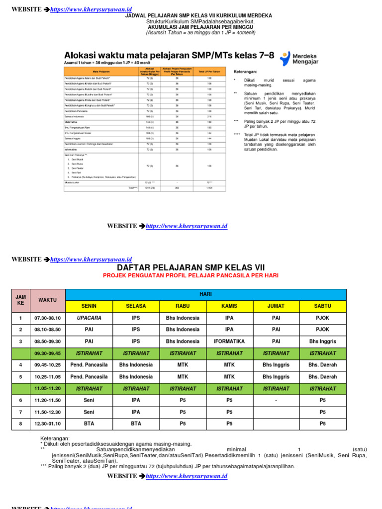 Jadwal Pelajaran Kelas Vii Kurikulum Merdeka | PDF