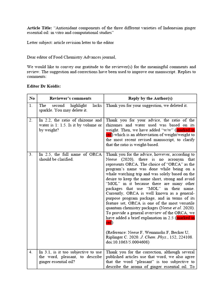 Response To Editor & Reviewers Comments | PDF | Essential Oil | Ginger - Editing Response According To Required Guidelines