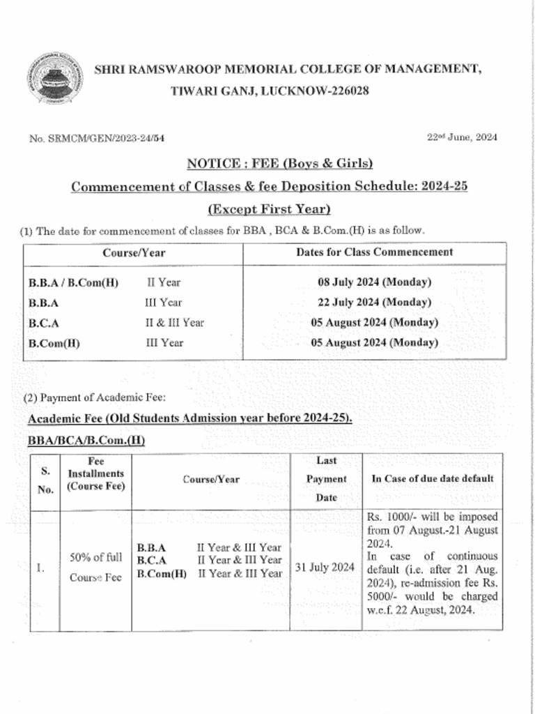Notice - Bba, Bca & B.com. (H) Commencement of Classes and Fee ...
