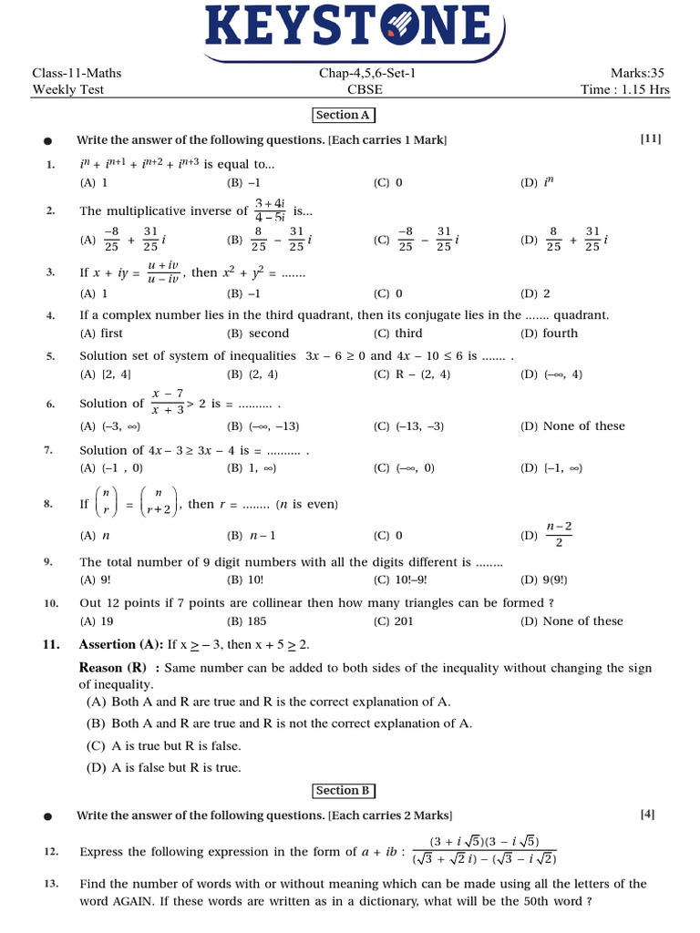 Class 11 Maths Weekly Test Questions | PDF