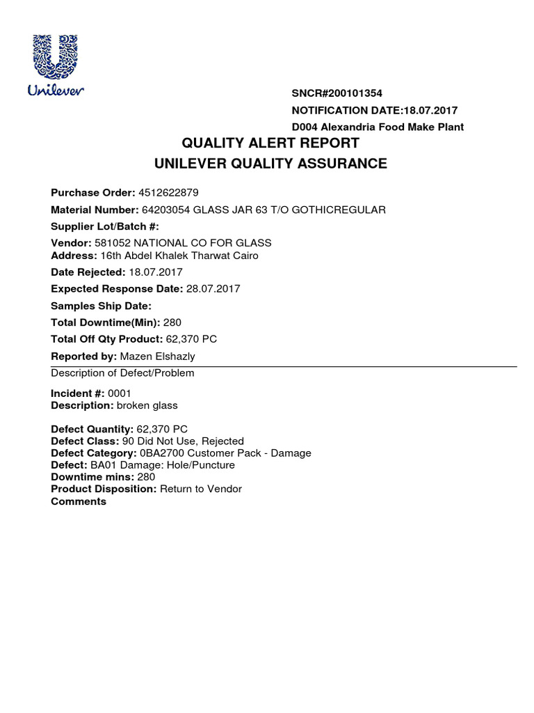 Quality Alert Report Unilever Quality Assurance: Description of Defect ...