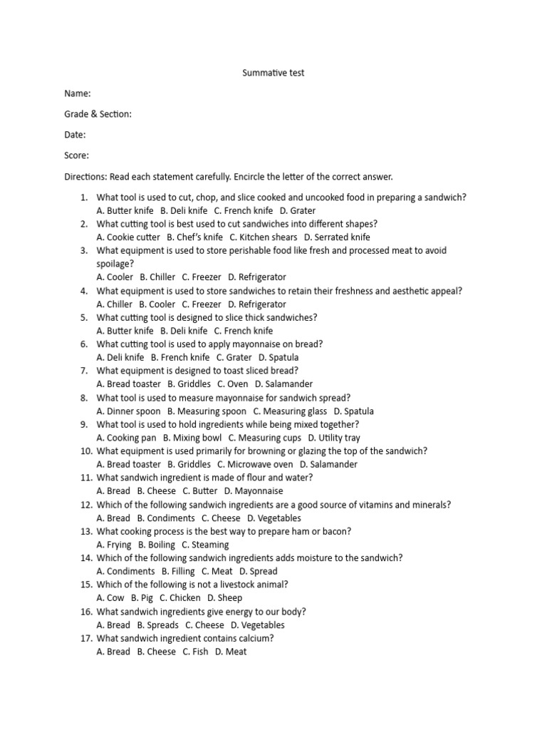 Gr9 Summativetest Pdf Sandwich Cooking