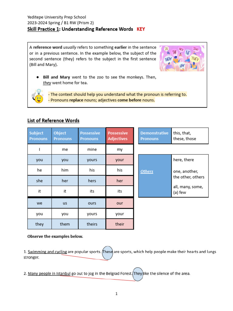 Reference Words Skill Practice Guide | PDF | Pronoun | Noun