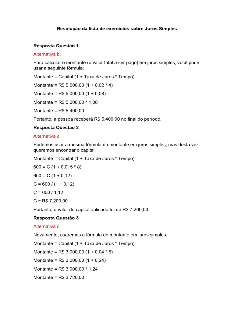 3) Resolução Da Lista de Exercícios Sobre Juros Simples | PDF | Juros ...