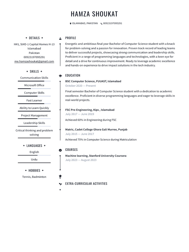 Hamza Shoukat: Computer Science Profile | PDF | Art