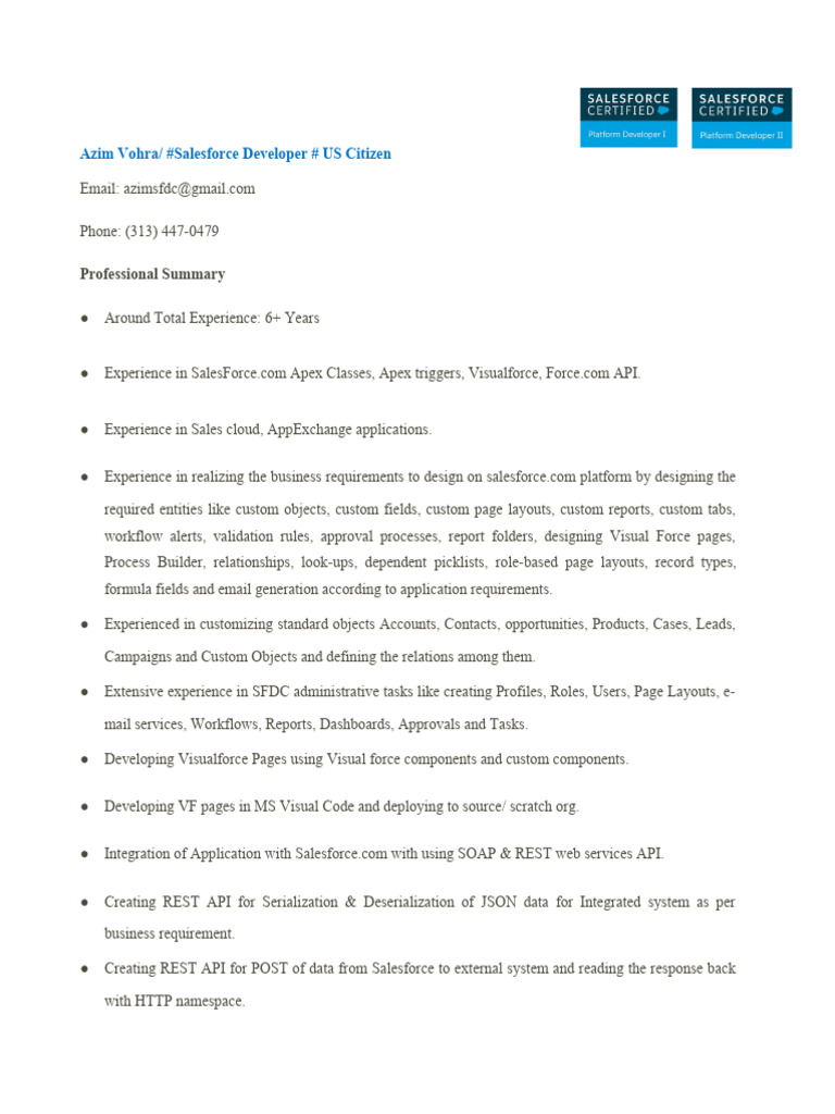 Salesforce Developer Resume - Azim Vohra | PDF | Customer Relationship ...
