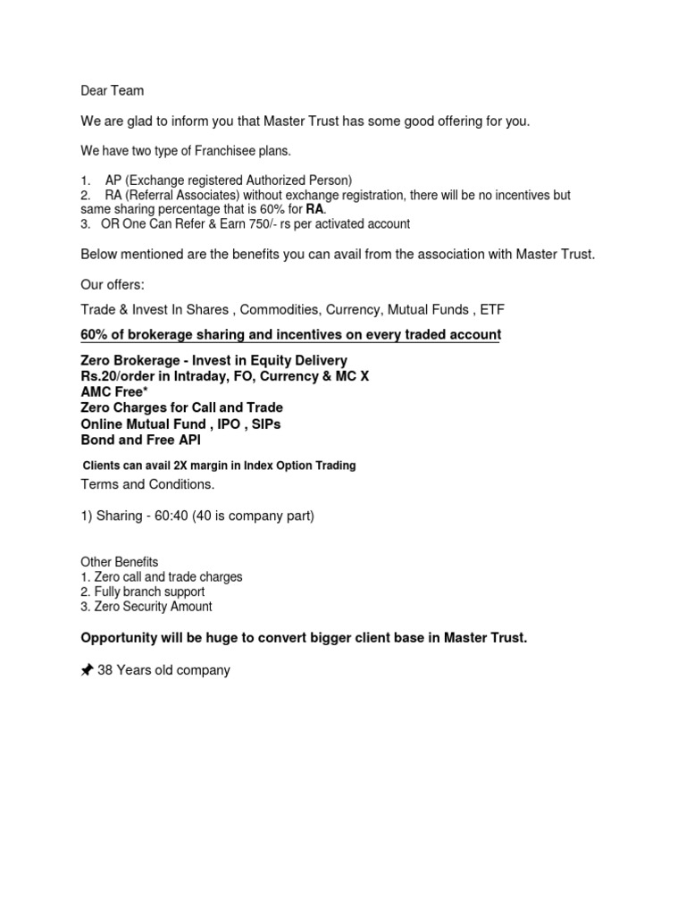 Master Trust Franchisee Plans Overview | PDF | Business