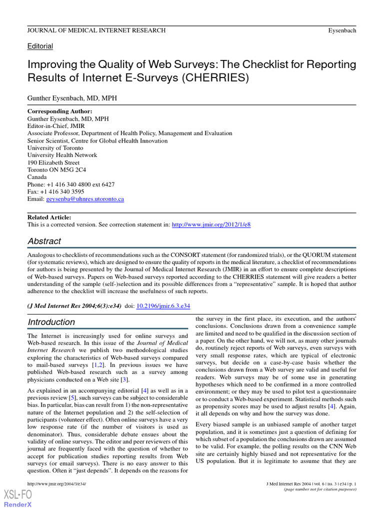 CHERRIES Checklist for Web Surveys | PDF | Survey Methodology | Http Cookie