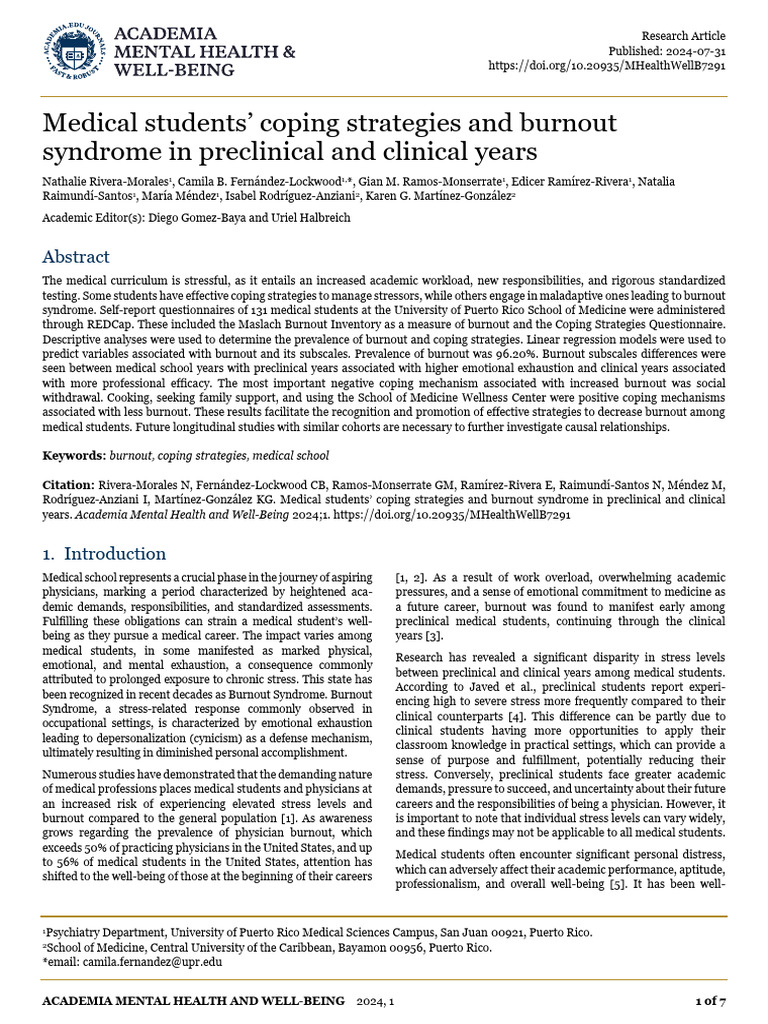 Medical Students Coping Strategies and B | PDF | Occupational Burnout ...