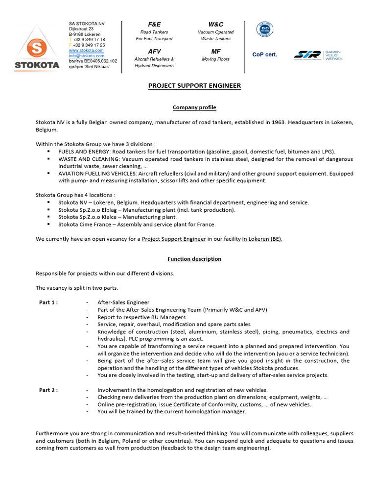 Project Support Engineer at Stokota NV | PDF | Engineering