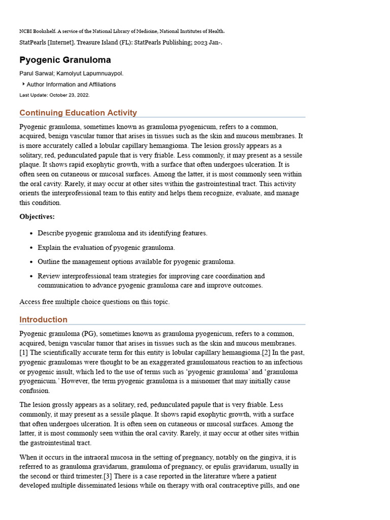 Pyogenic Granuloma - StatPearls - NCBI Bookshelf | PDF | Epidermal ...