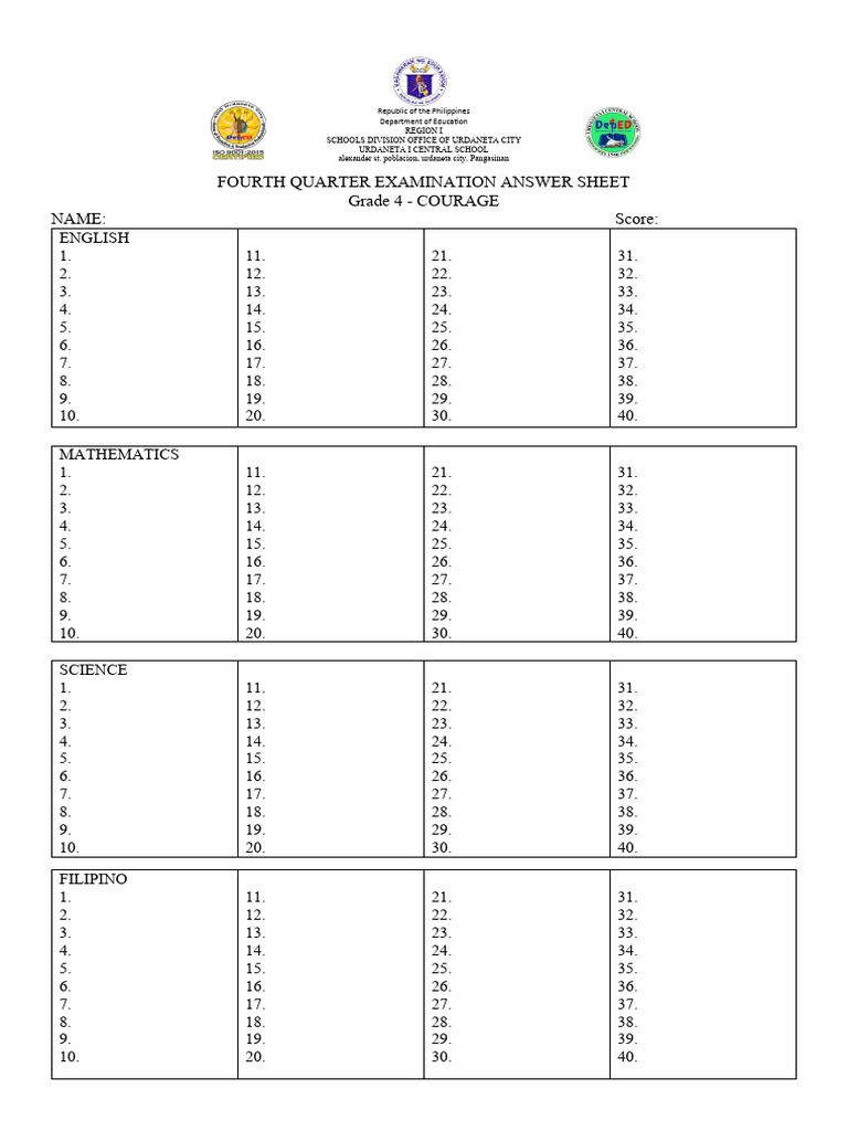 4TH Quarter Examination ANSWER SHEET | PDF