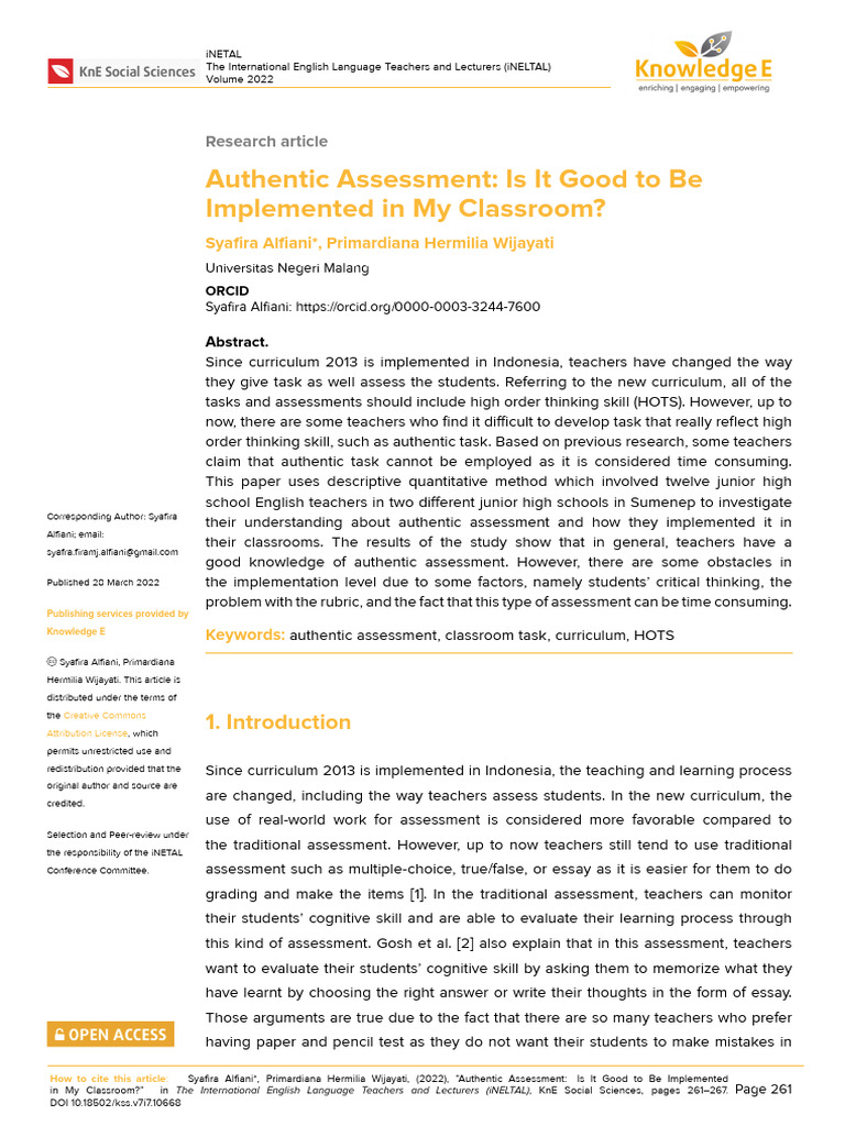 Authentic Assessment in Classrooms | PDF | Educational Assessment ...