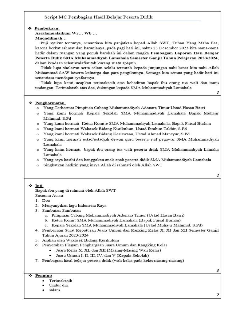 Script MC Pembagian Hasil Belajar Peserta Didik | PDF