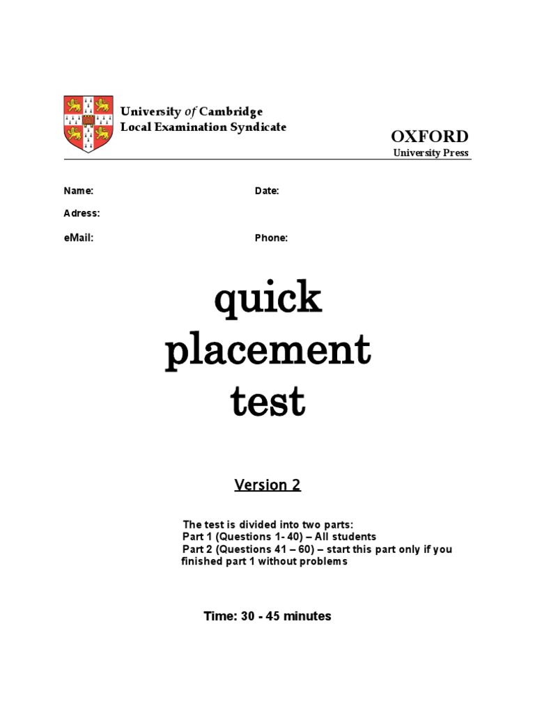 สอบ oxford online placement test for english