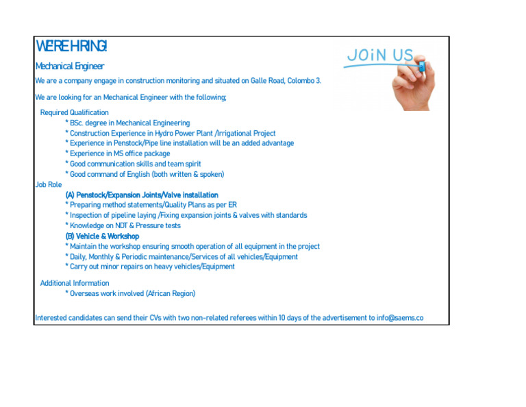 Mechanical Engineer Job in Colombo | PDF | Technology & Engineering