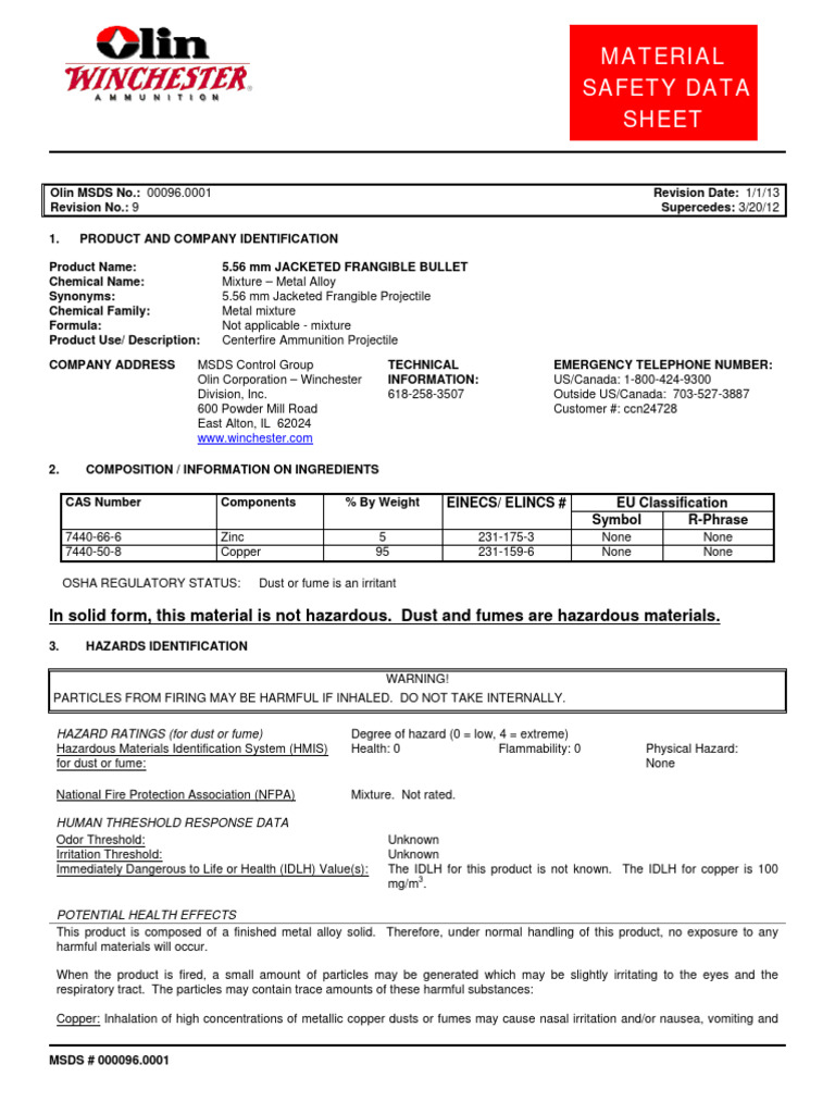 Winchester - 556mm Jacketed Frangible Bullet - Msds | PDF | Dangerous Goods | Toxicity