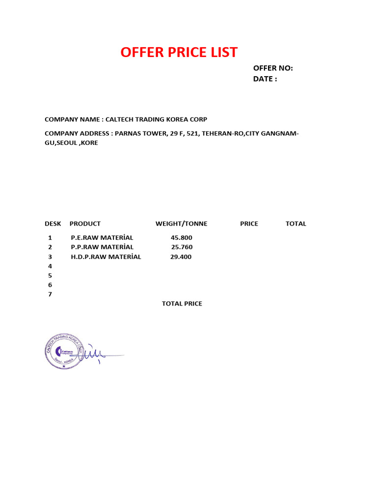 Caltech Trading Korea Corp Offer Price | PDF