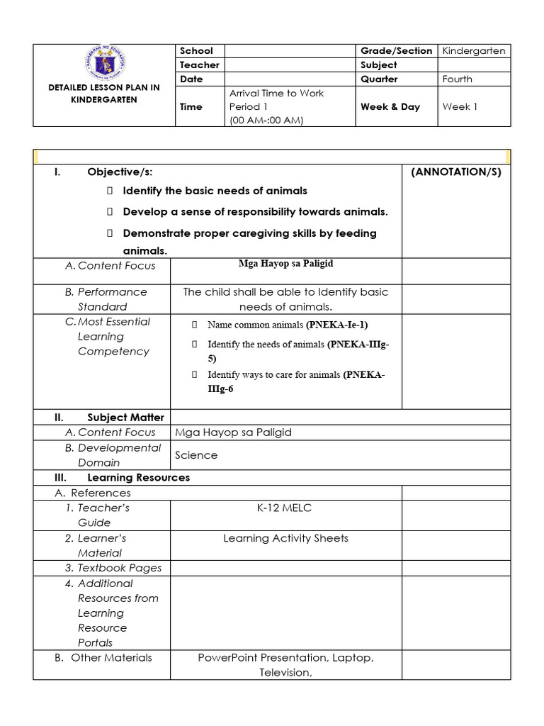 Kindergarten Lesson Plan: Caring for Animals | PDF | Learning | Teachers
