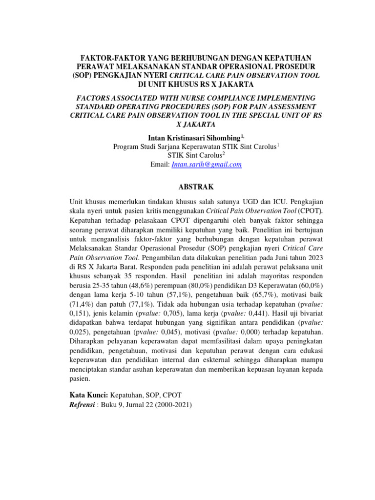 Faktor Kepatuhan Perawat SOP Nyeri ICU PDF