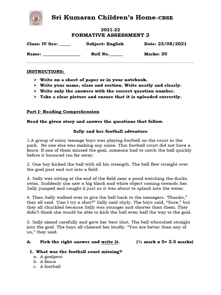 Class IV English Formative Assessment 2021 | PDF | Linguistic ...