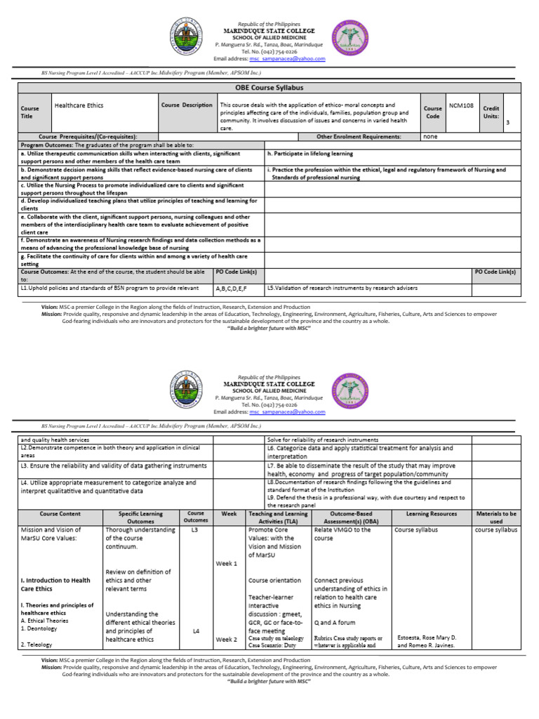 Health Ethics Course Syllabus Pdf Nursing Health Care