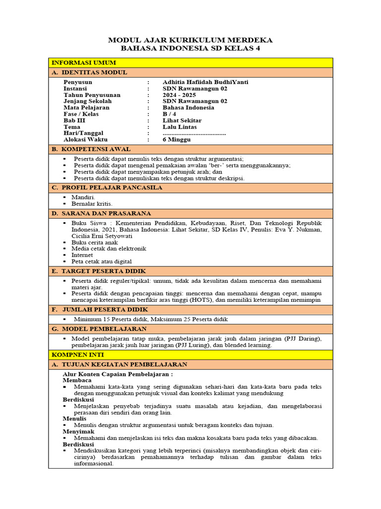 Modul Ajar Bahasa Indonesia SD Kelas 4 | PDF | Karier & Perkembangan