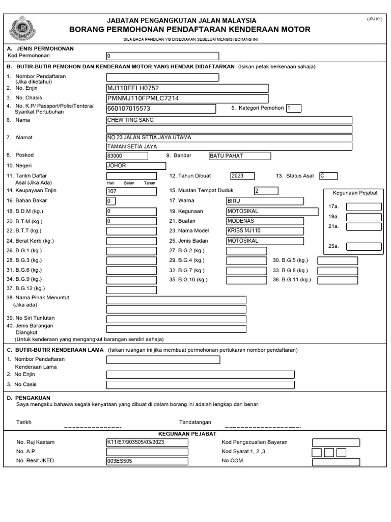 Borang K1 Pendaftaran Kenderaan JPJ | PDF
