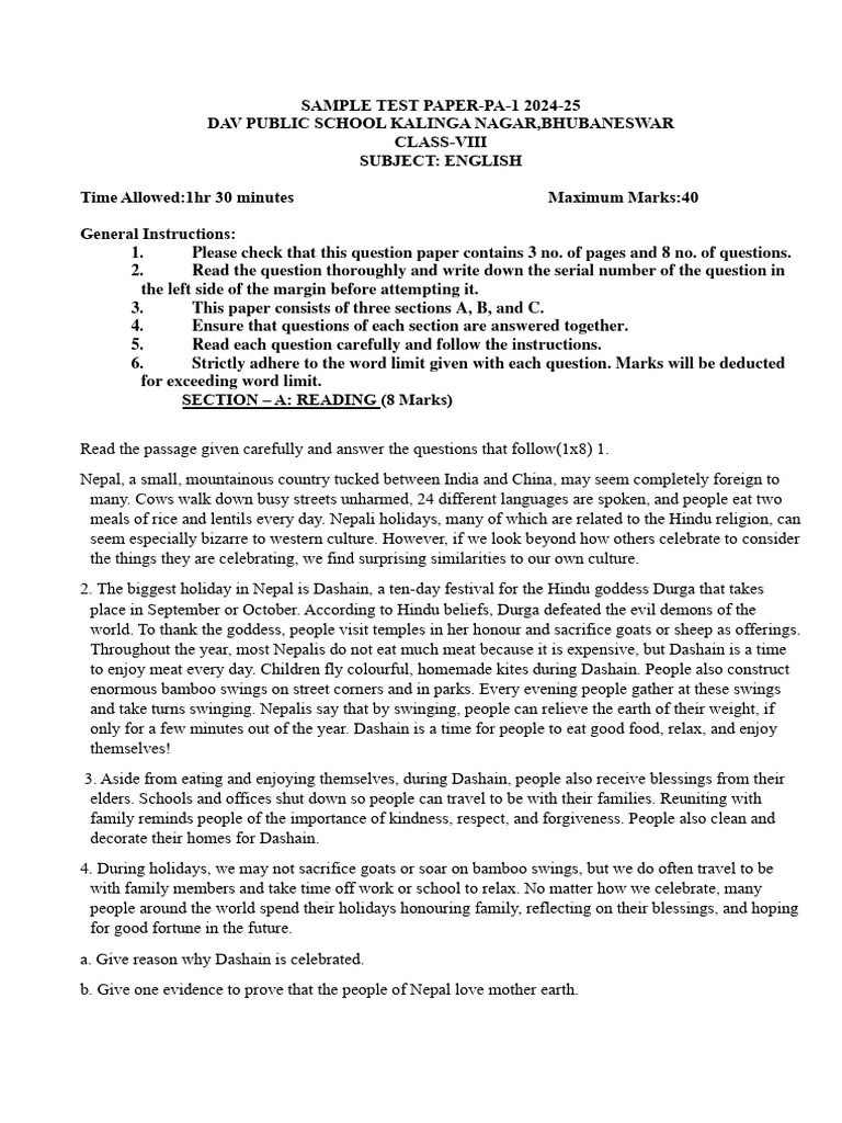 Sample Test Paper PA-1 2024 VIII | PDF | Home & Garden
