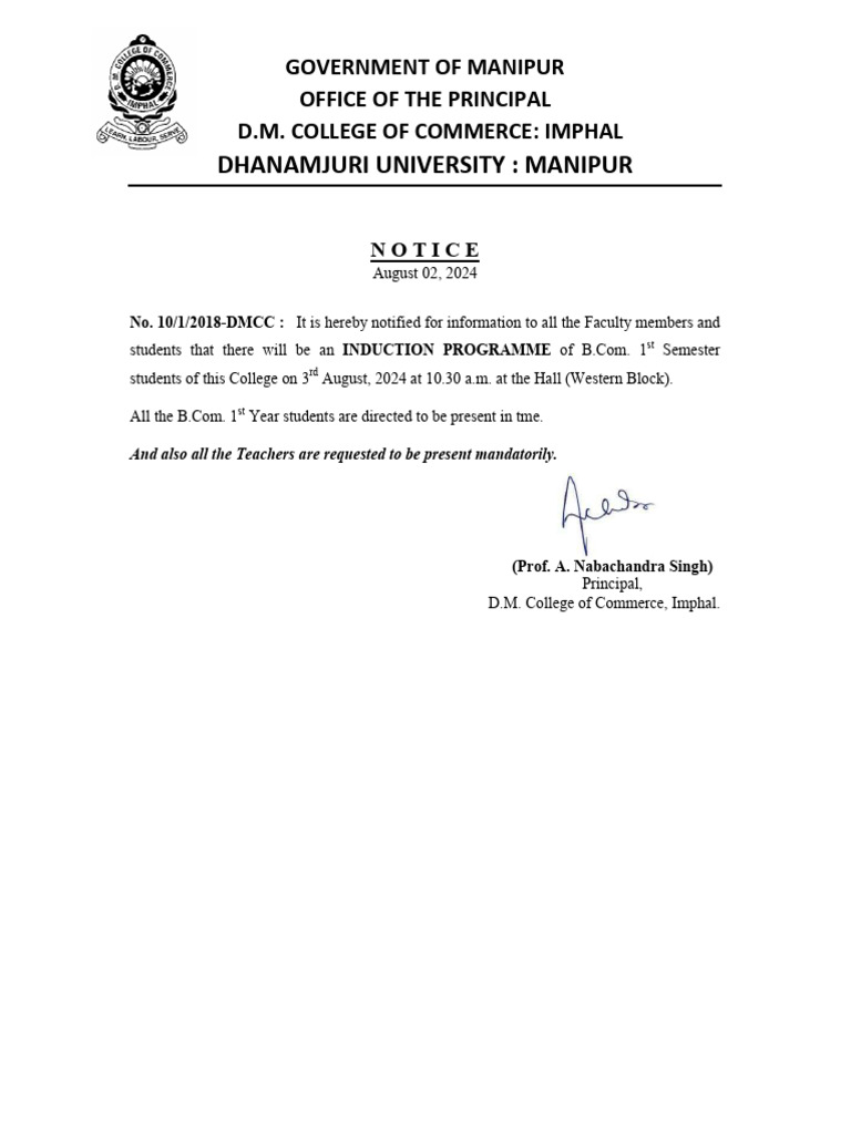 B.Com. 1st Semester Induction Notice | PDF