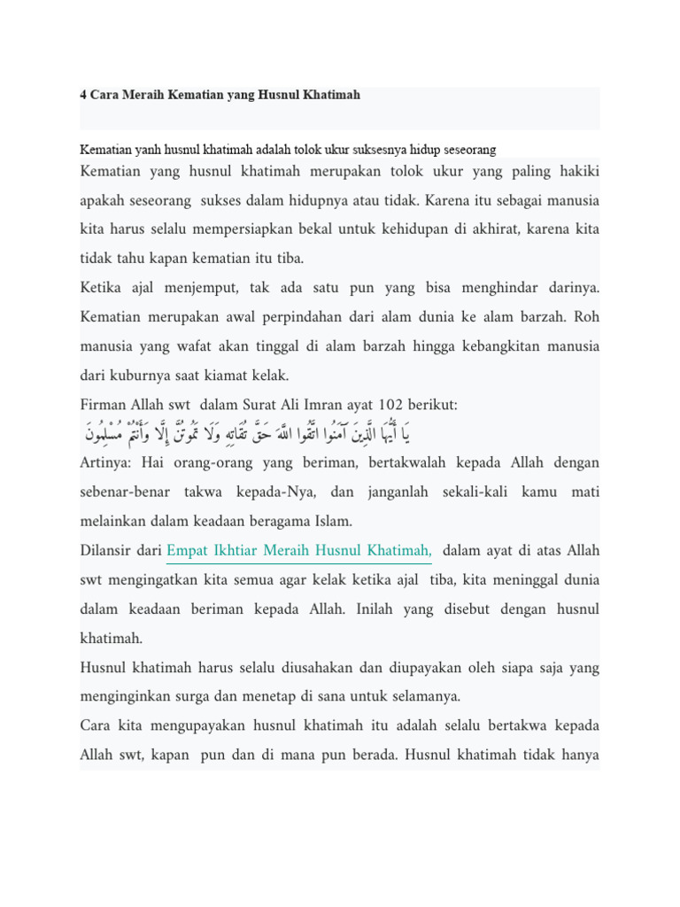 4 Cara Meraih Kematian Yang Husnul Khatimah | PDF