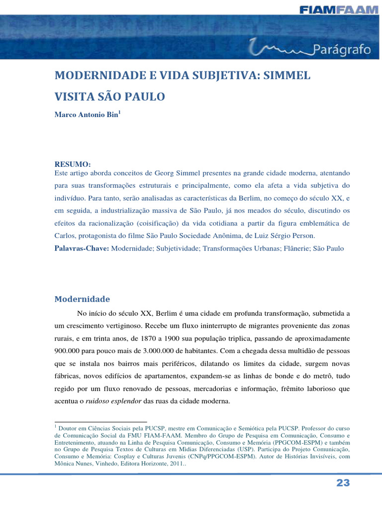 Simmel e a Subjetividade em São Paulo | PDF | Dinheiro | Sociologia