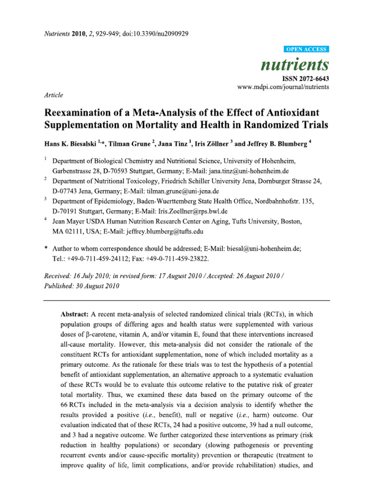 Antioxidant Supplementation On Mortality and Health | PDF