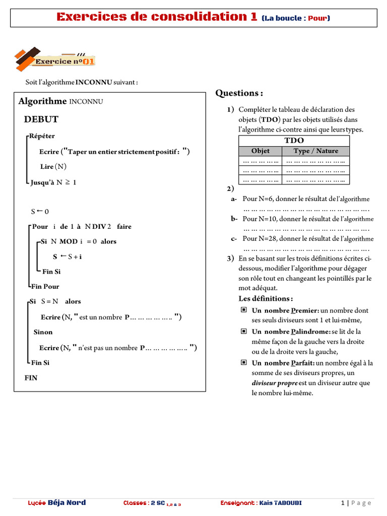 Exercices d'algorithmique et de programmation | PDF | Entier naturel ...