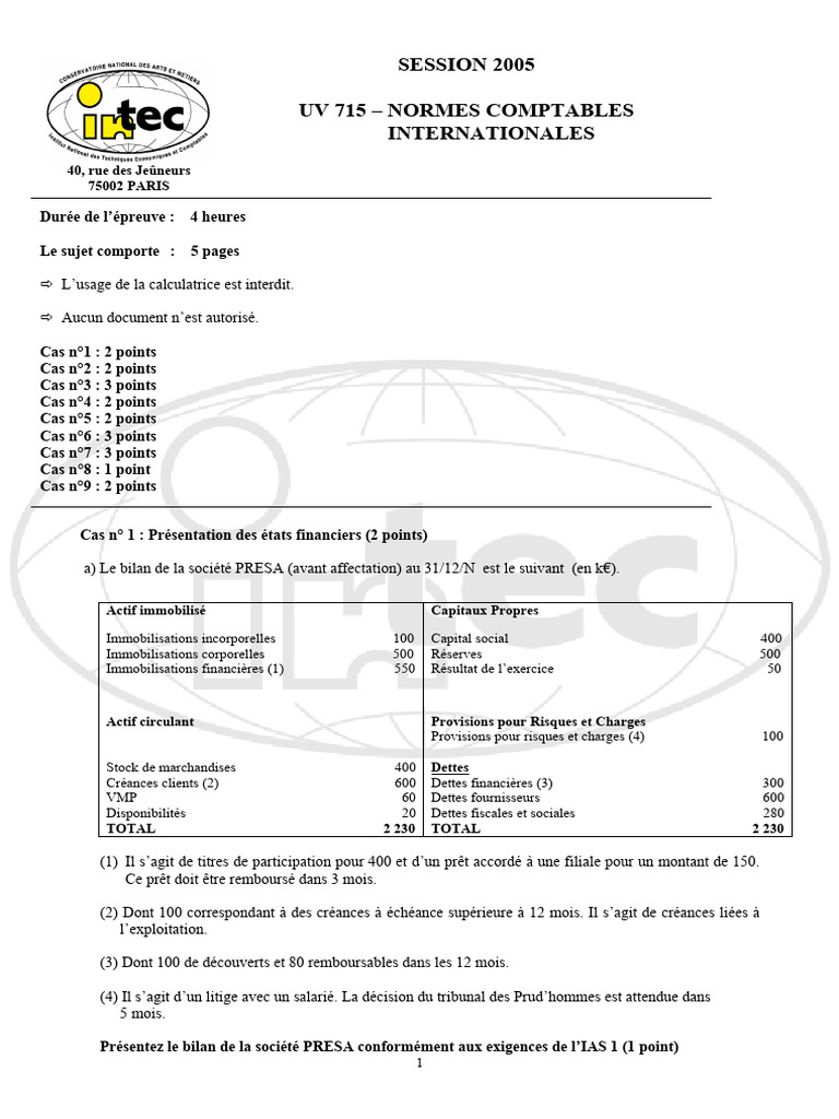 3 - Sujet Normes Compt. Internationales 2005 | PDF | Bilan comptable ...