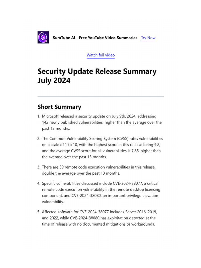 Security Update Release Summary July 2024 | PDF