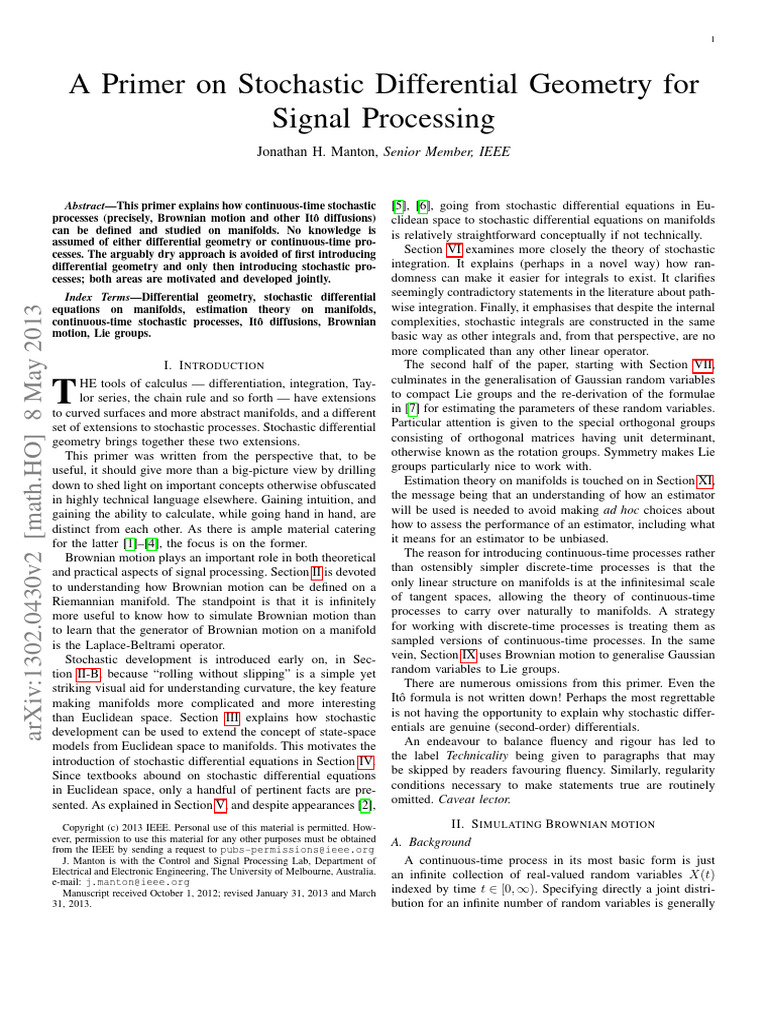 A Primer On Stochastic Differential Geometry For Signal Processing ...