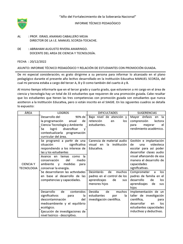 Informe Pedagógico: Promoción Guiada 2022 | PDF | Science