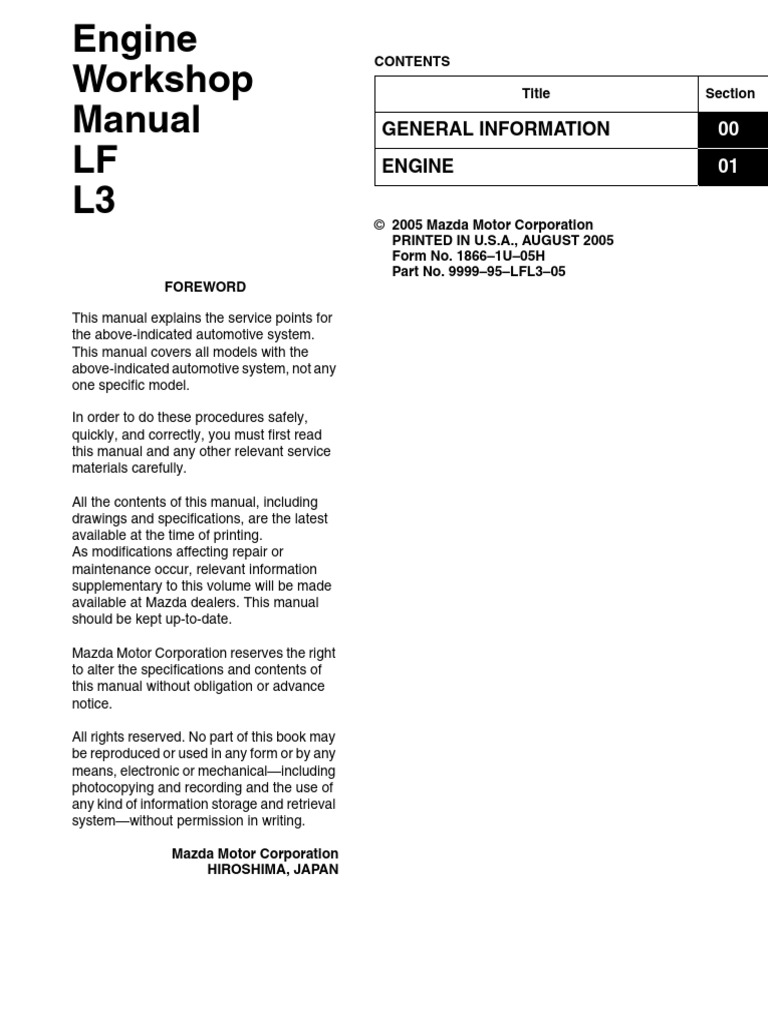 Lf 2 0l l3 2 3l engine workshop manual mazda3 mazda5 mx 5 mazda6